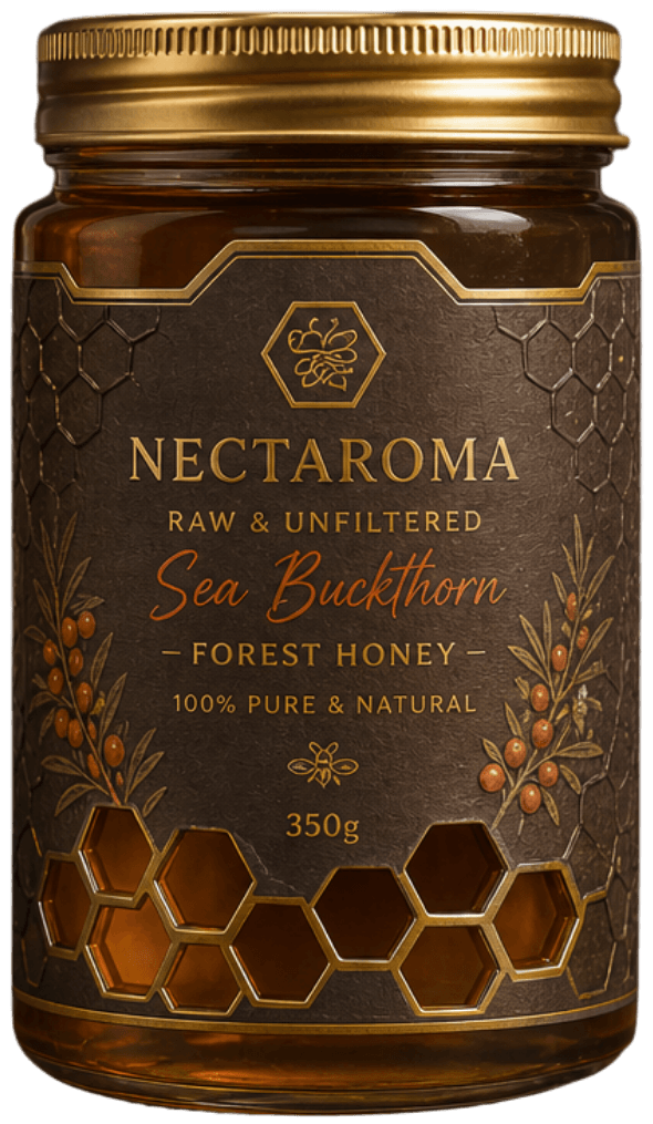 Nectaroma Sea Buckthorn forest honey — raw, unfiltered, private-label jar.