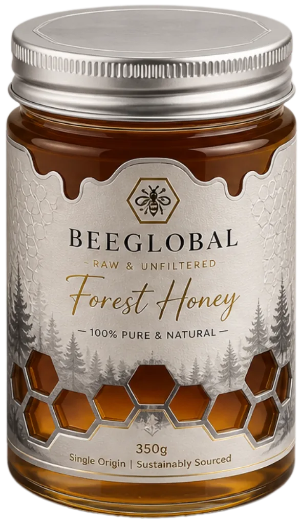 A private-label honey jar from our range — BeeGlobal Forest Honey.